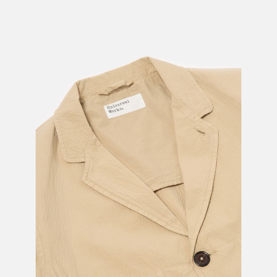 Universal Works Bakers Jacket in Sand Seersucker II