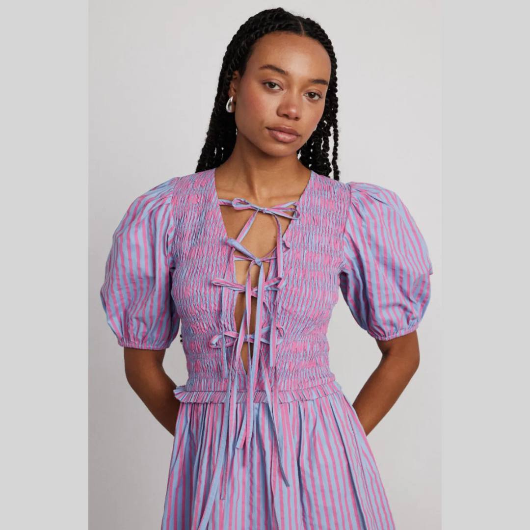 Damson Madder BLUEBELLE SHIRRED MINI DRESS - PINK/BLUE STRIPE