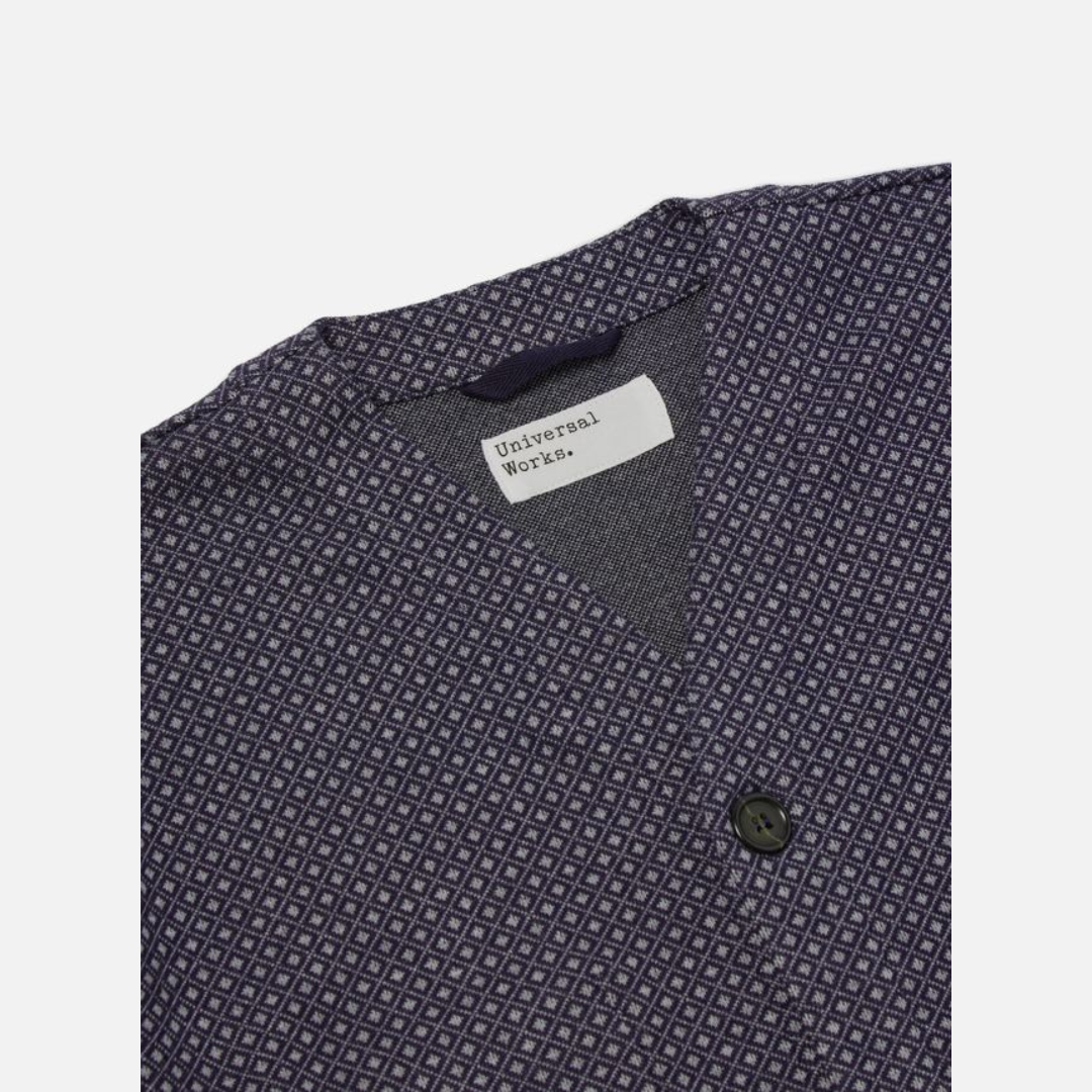 Universal Works Cardigan in Navy Argyll Jersey