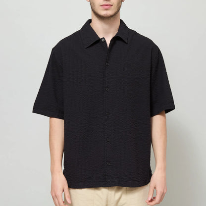 Wax London Keats SS Shirt Cotton Seersucker in Black