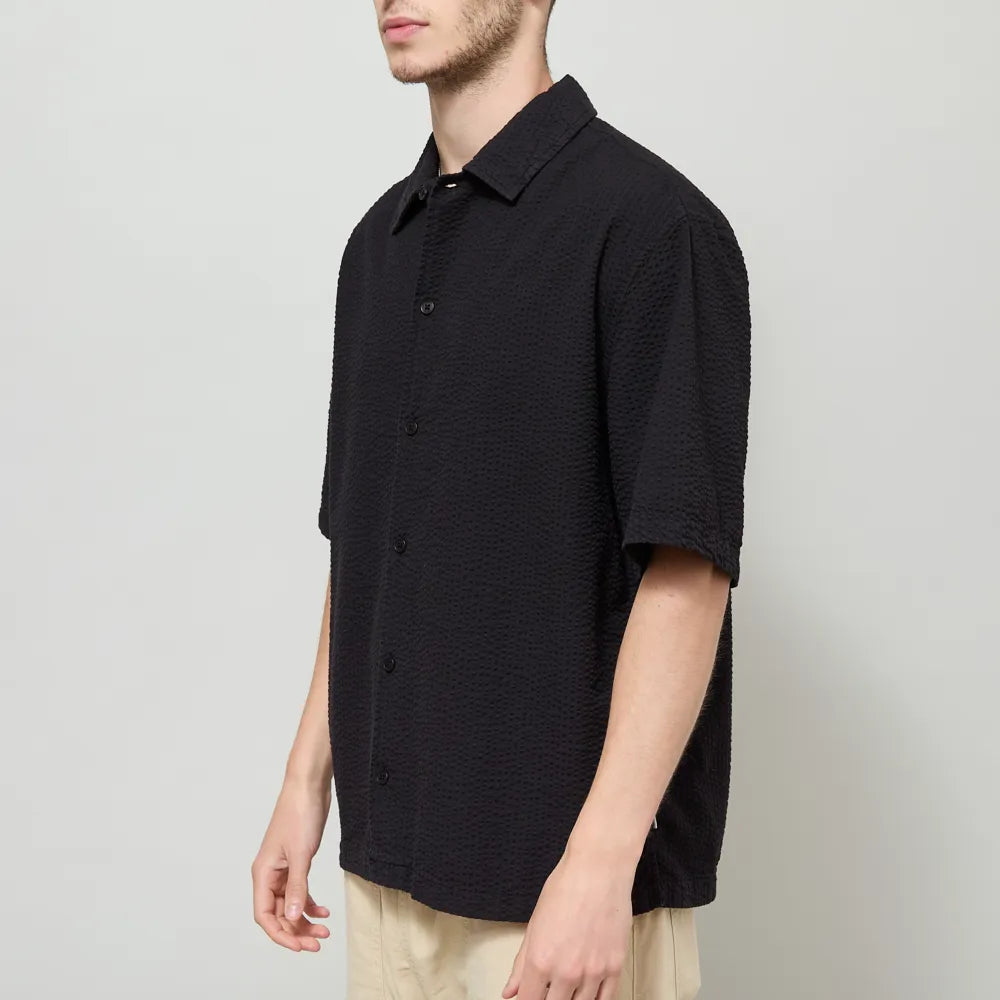 Wax London Keats SS Shirt Cotton Seersucker in Black