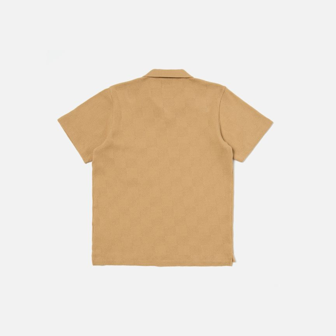 Universal Works Button Through Polo in Sand Fantasy Checkerboard