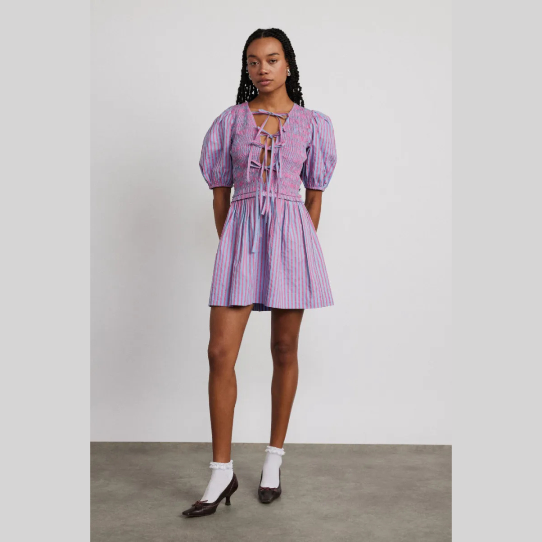 Damson Madder BLUEBELLE SHIRRED MINI DRESS - PINK/BLUE STRIPE
