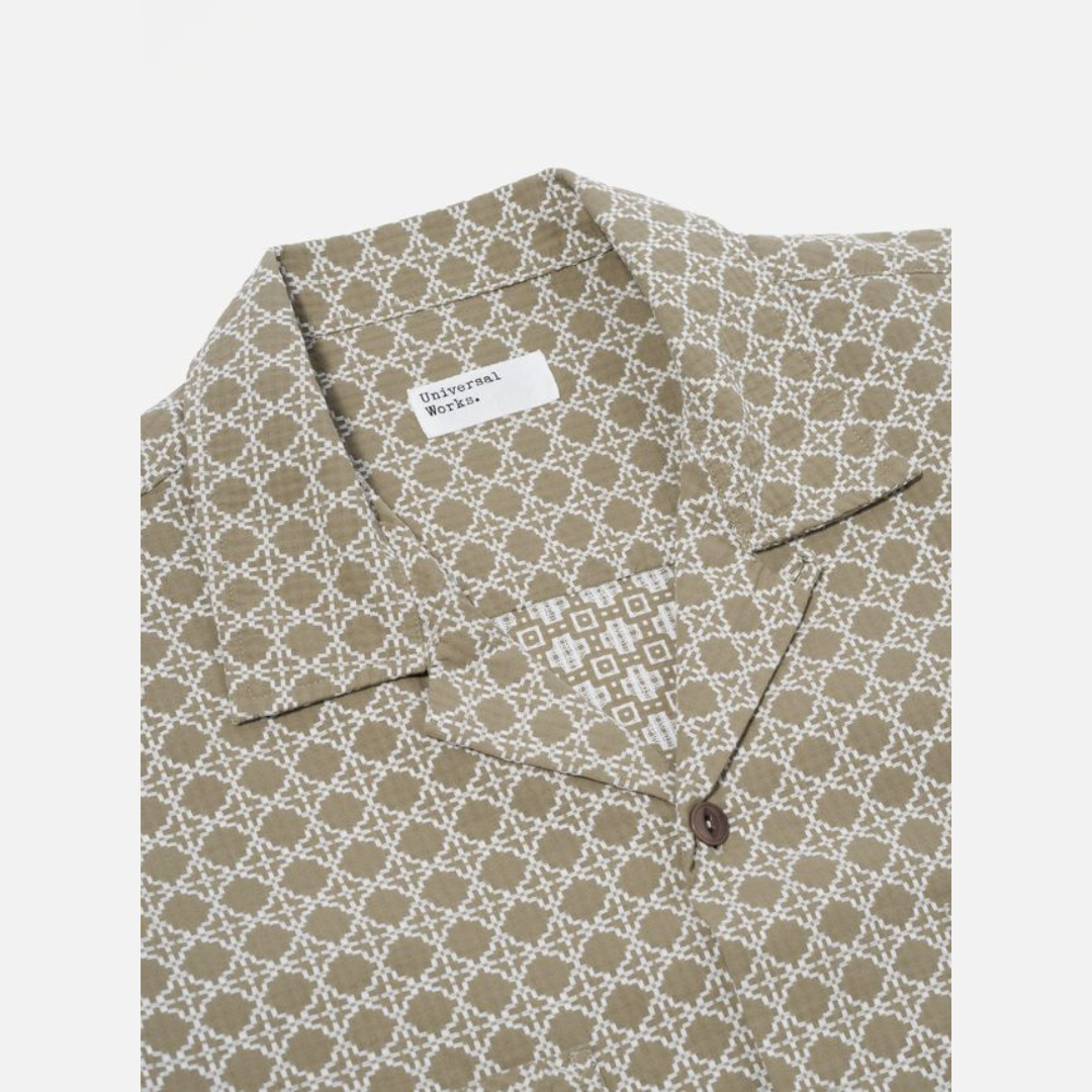 Universal Works Work Shirt in Sand/White Rhodes Cotton
