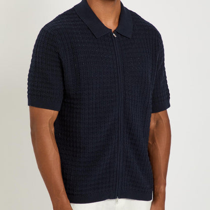 Wax London Goldie Zip Polo Mix Stitch Cotton Navy