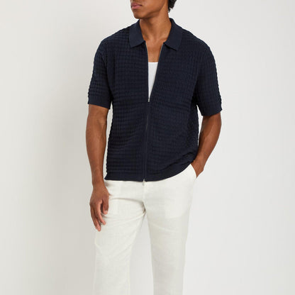 Wax London Goldie Zip Polo Mix Stitch Cotton Navy