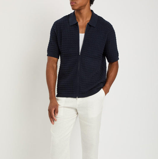 Wax London Goldie Zip Polo Mix Stitch Cotton Navy