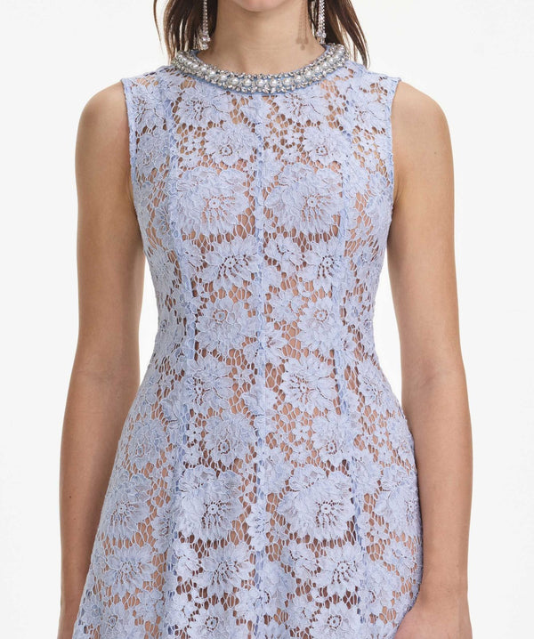Blue Fine Lace Pearl Midi Dress