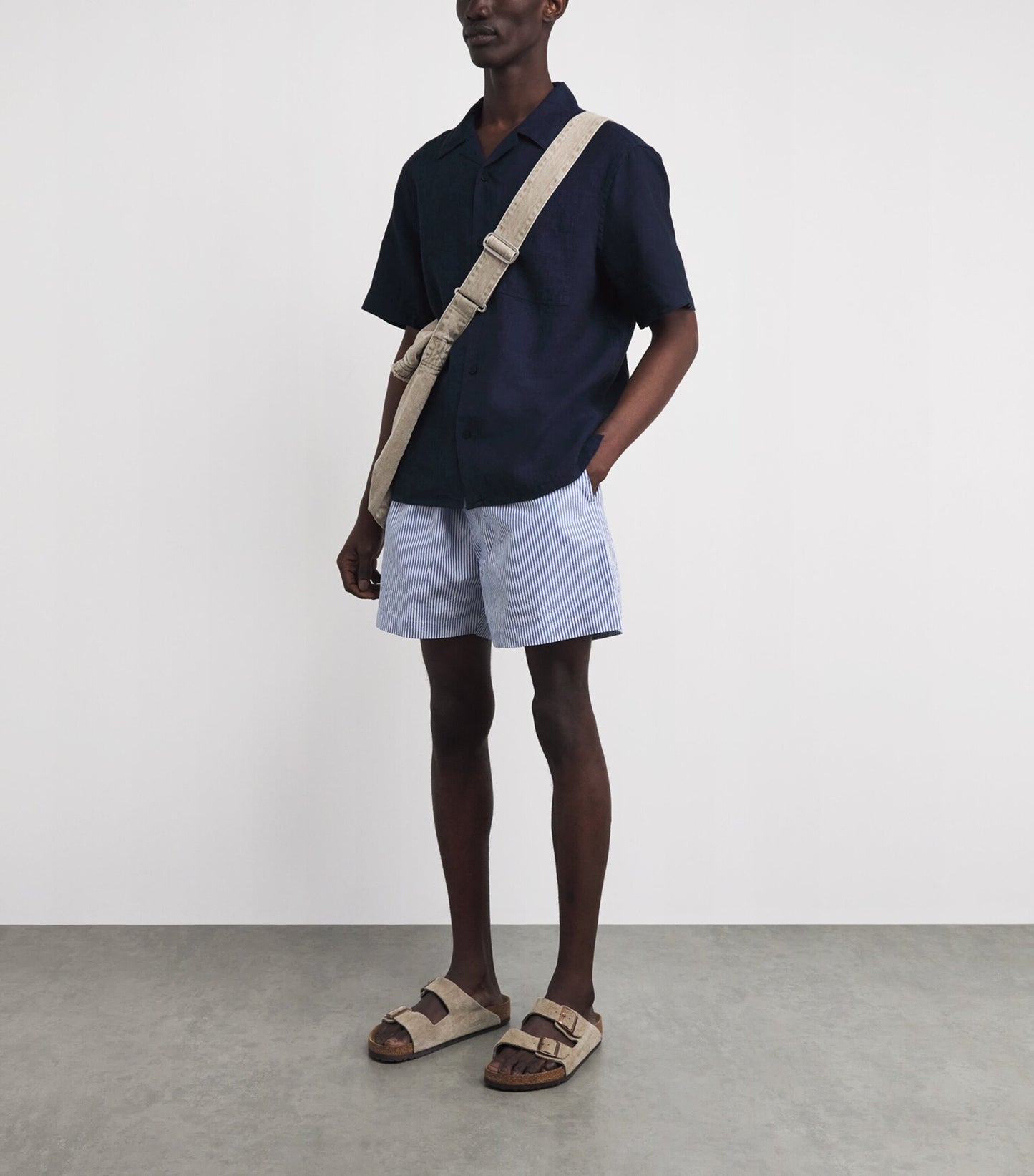 Wax London Didcot SS Shirt in Two Tone Linen Navy