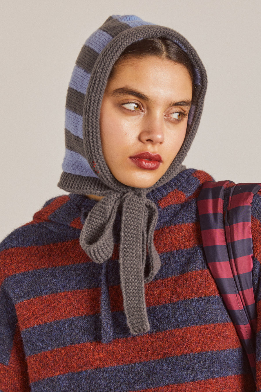 Damson Madder Tie Neck Bonnet In Grey & Blue Stripe