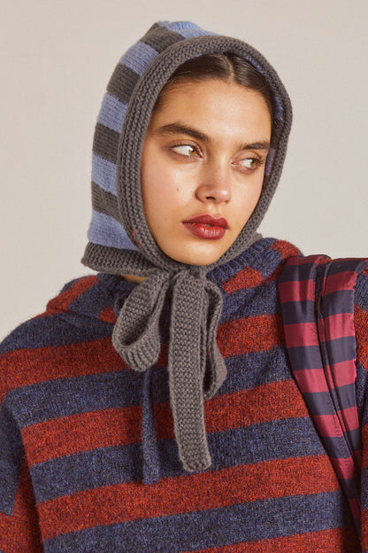 Damson Madder Tie Neck Bonnet In Grey & Blue Stripe