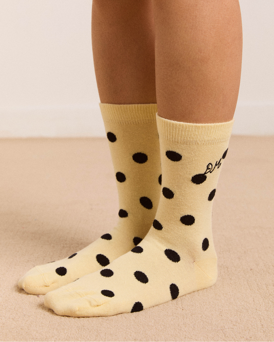 Damson Madder Spot Calf Length Socks- Butter & Black