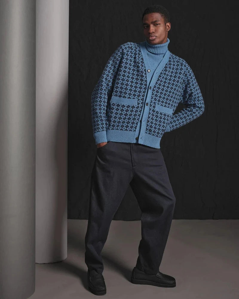 Universal Works Allan Cardigan Plain Knit Argyll Pale Blue/Navy