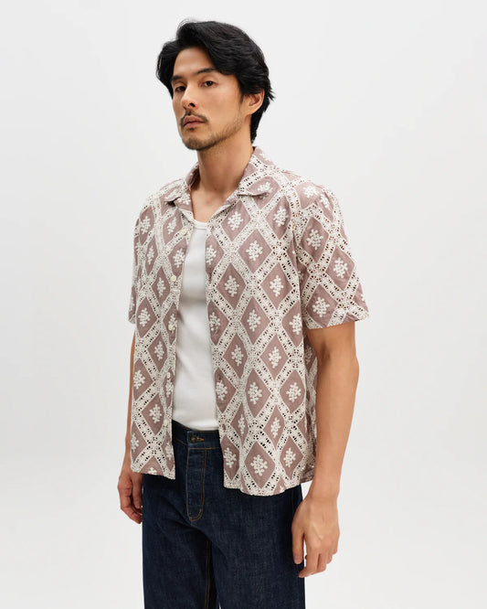 Wax London Didcot Taupe and Ecru Diamond Lace Short Sleeve Shirt