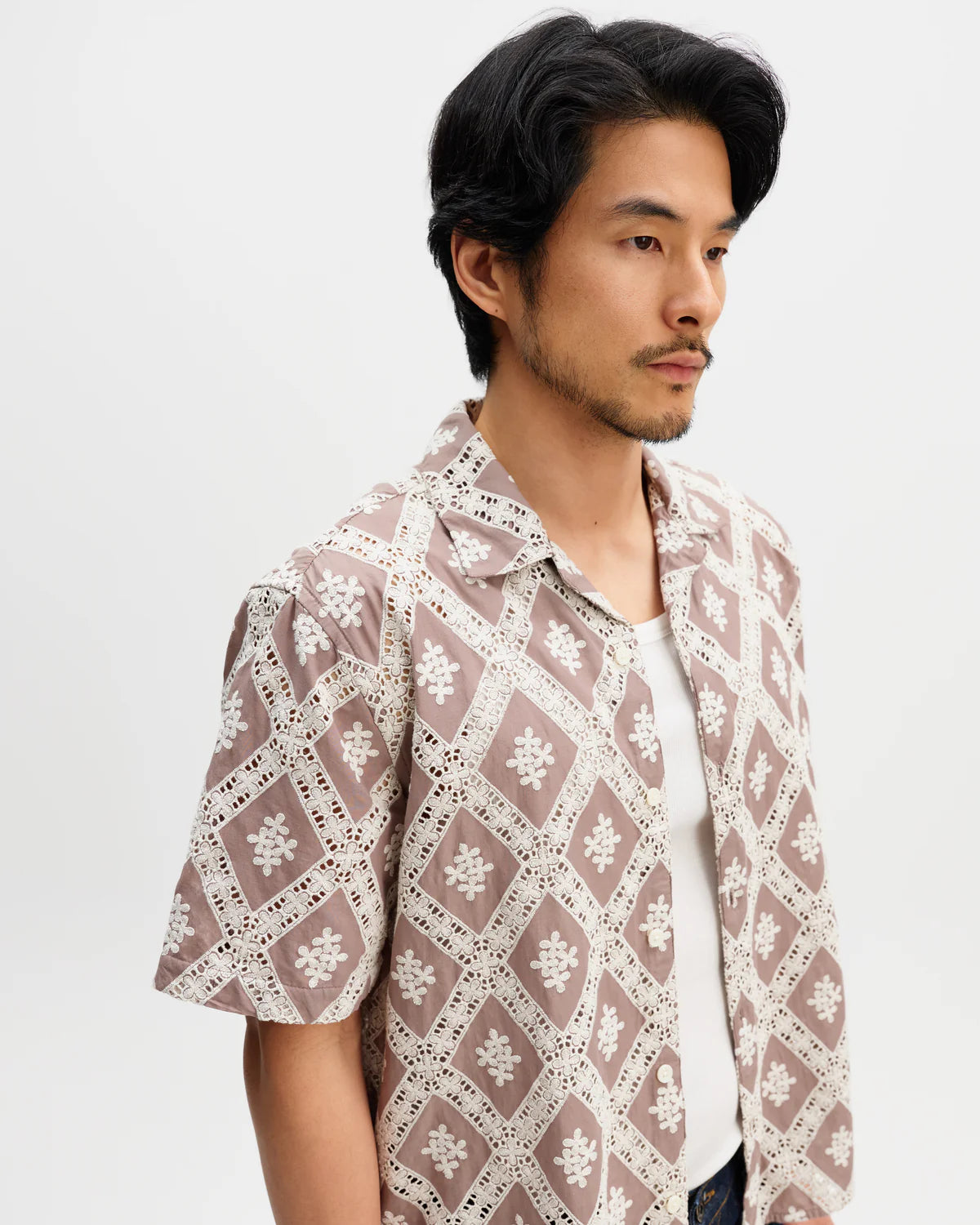 Didcot Taupe and Ecru Diamond Lace Short Sleeve Shirt