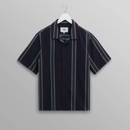 Didcot Navy And Multicolour Stripe Dobby Cotton Short Sleeve Shirt