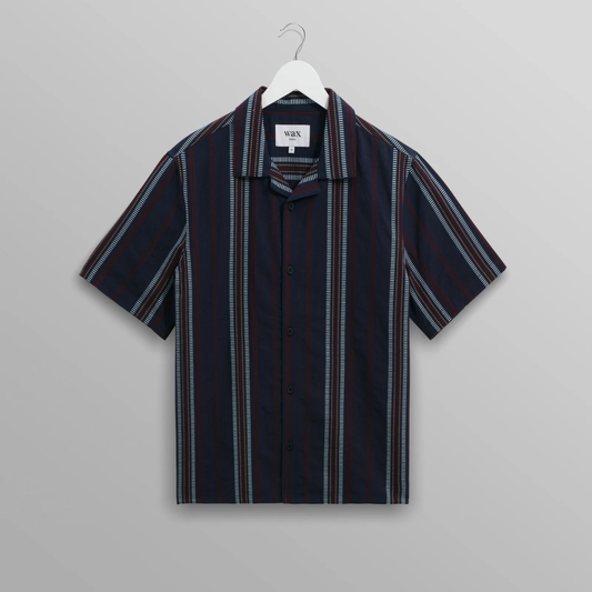 Didcot Navy And Multicolour Stripe Dobby Cotton Short Sleeve Shirt