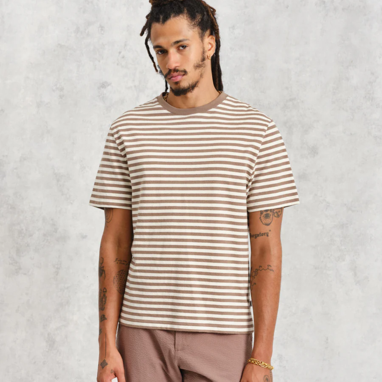 Dean T Shirt Textured Walnut Ecru Stripe