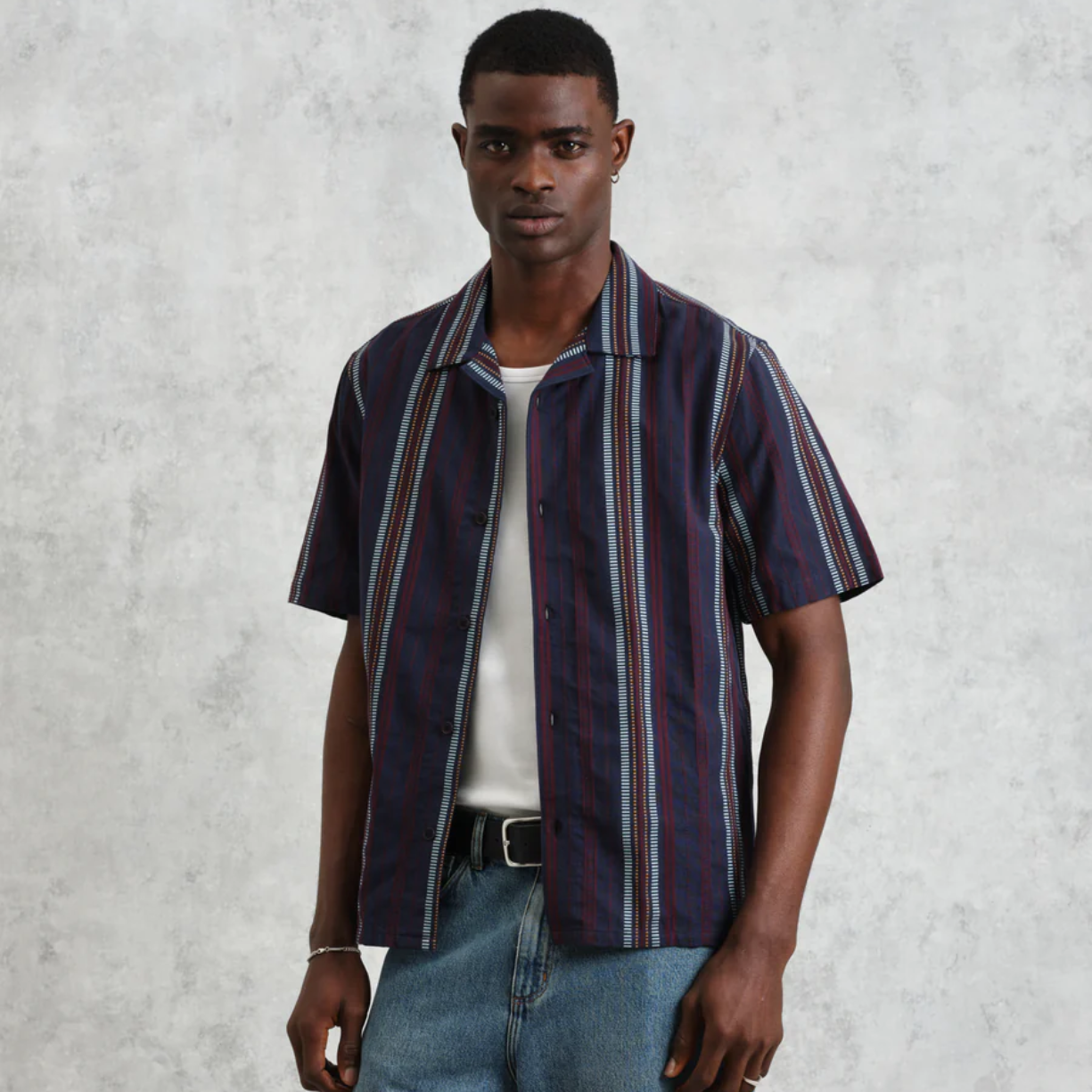 Didcot Navy And Multicolour Stripe Dobby Cotton Short Sleeve Shirt