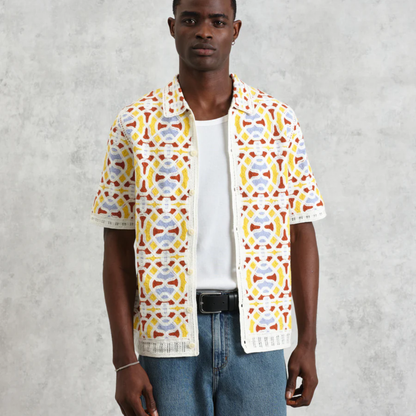 Dorset Ecru And Multicolour Crochet Knitted Polo Shirt