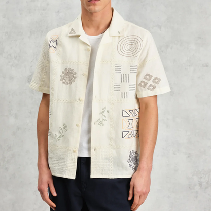 Wax London Didcot Ecru Doodle Embroidered Short Sleeve Shirt
