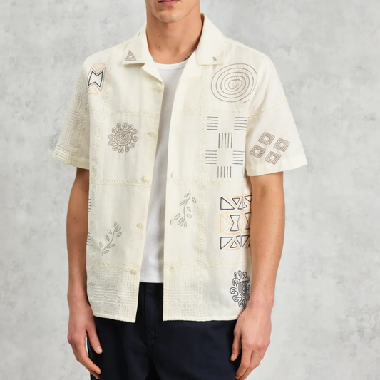 Wax London Didcot Ecru Doodle Embroidered Short Sleeve Shirt
