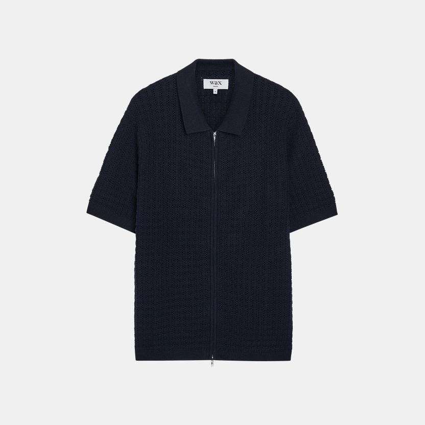 Wax London Goldie Zip Polo Mix Stitch Cotton Navy