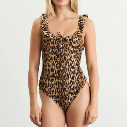 Damson Madder CHEYENNE SHIRRED RUFFLE SWIMSUIT in LEOPARD