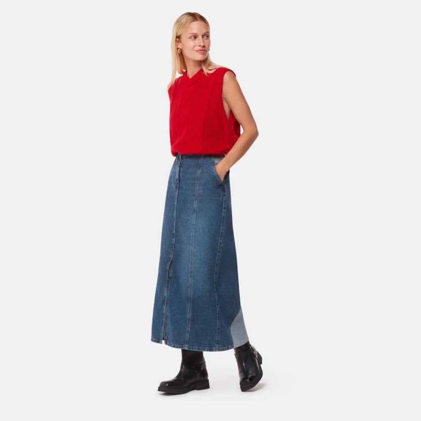 Patchwork Denim Midi Skirt