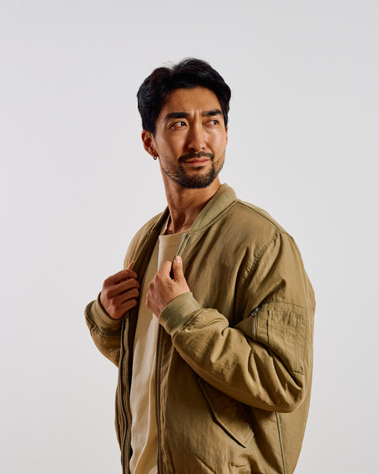 Malvern Washed Khaki Nylon Bomber Jacket