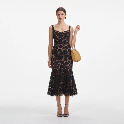 Black Fine Lace Midi Dress