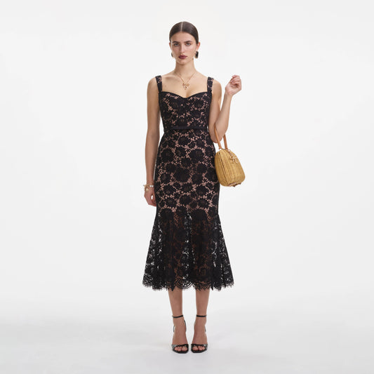 Self Portrait Black Fine Lace Midi Dress