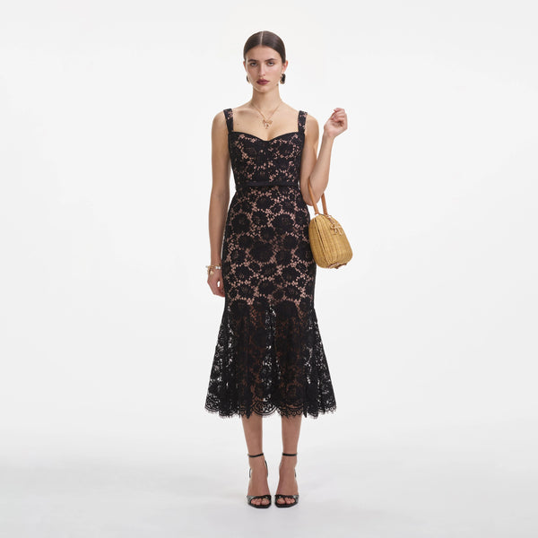Black Fine Lace Midi Dress