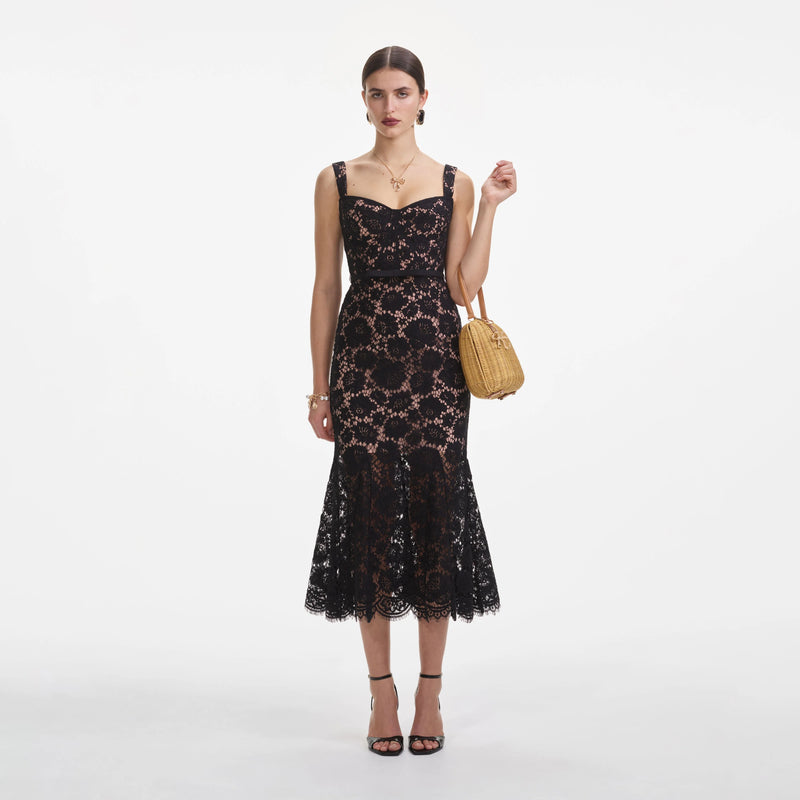 Black Fine Lace Midi Dress