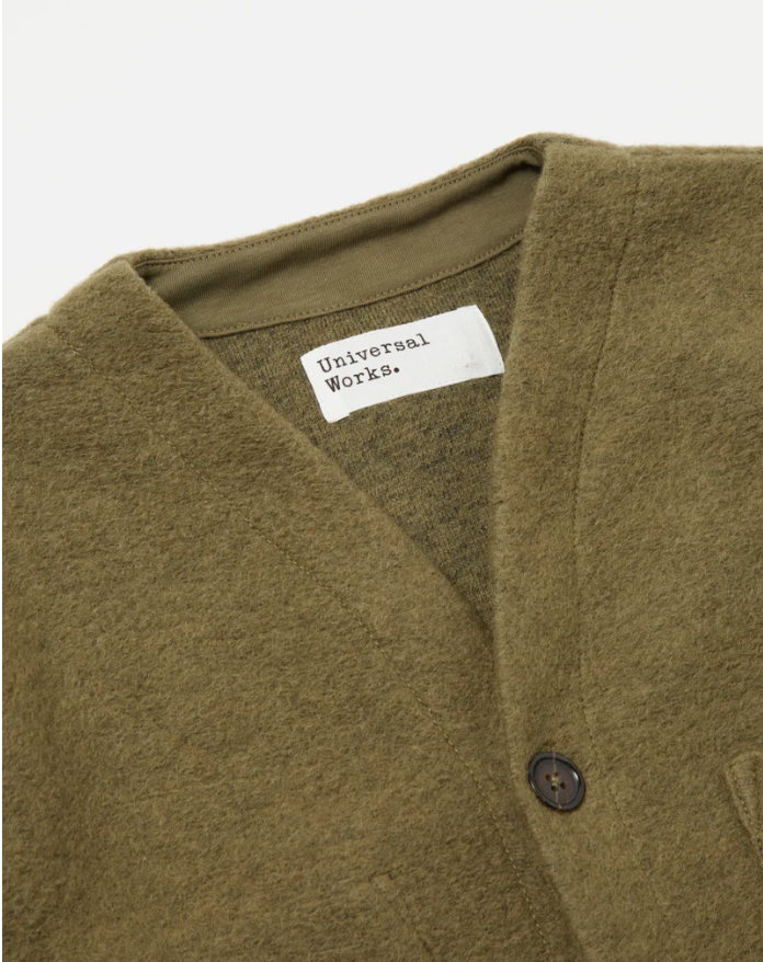 Universal Works Cardigan in Olive Wool Fleece