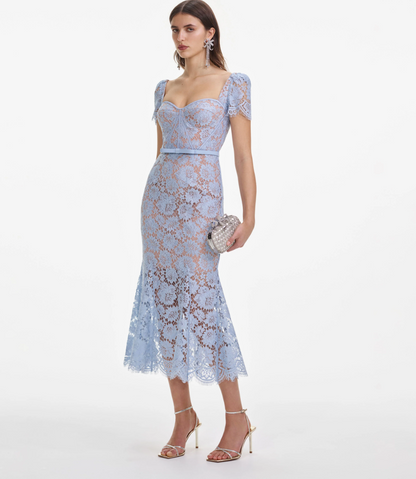 Self Portrait Blue Fine Lace Midi Dress
