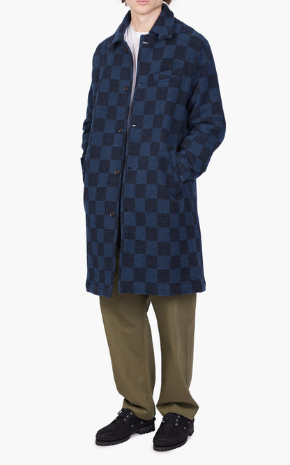 Universal Works Overcoat in Navy Checkerboard Lambswool