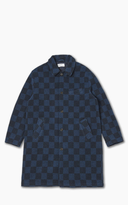 Universal Works Overcoat in Navy Checkerboard Lambswool
