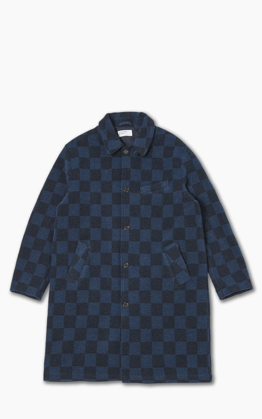 Universal Works Overcoat in Navy Checkerboard Lambswool