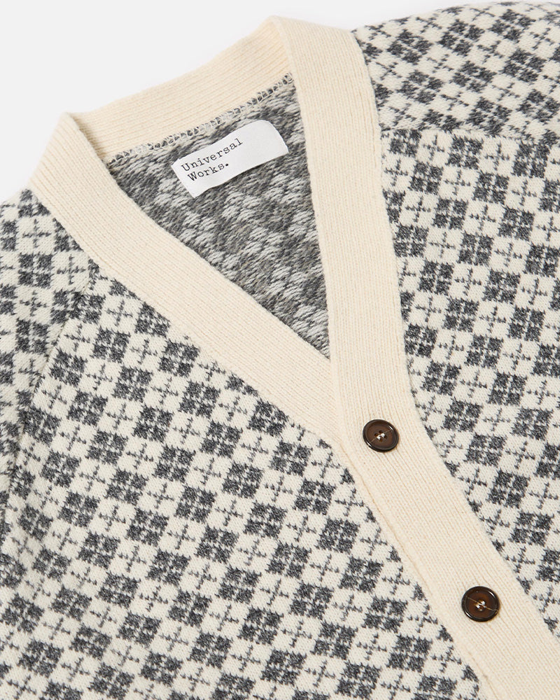 Universal Works Allan Cardigan Plain Knit Argyll Ecru/Grey
