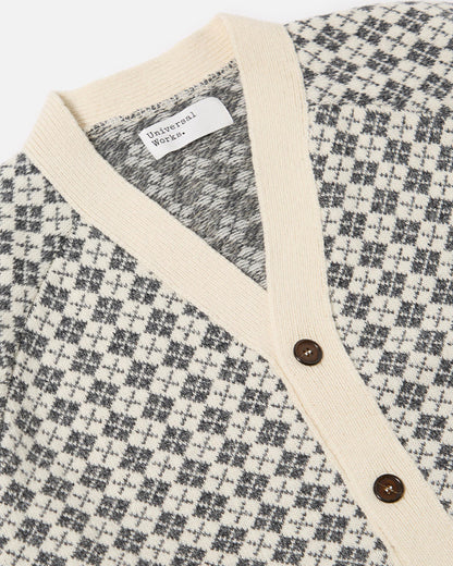 Universal Works Allan Cardigan Plain Knit Argyll Ecru/Grey