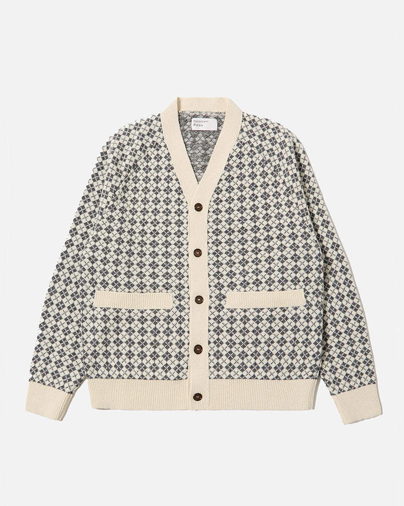 Universal Works Allan Cardigan Plain Knit Argyll Ecru/Grey