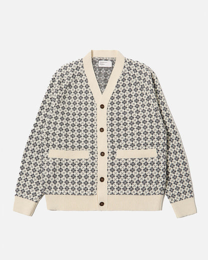 Universal Works Allan Cardigan Plain Knit Argyll Ecru/Grey