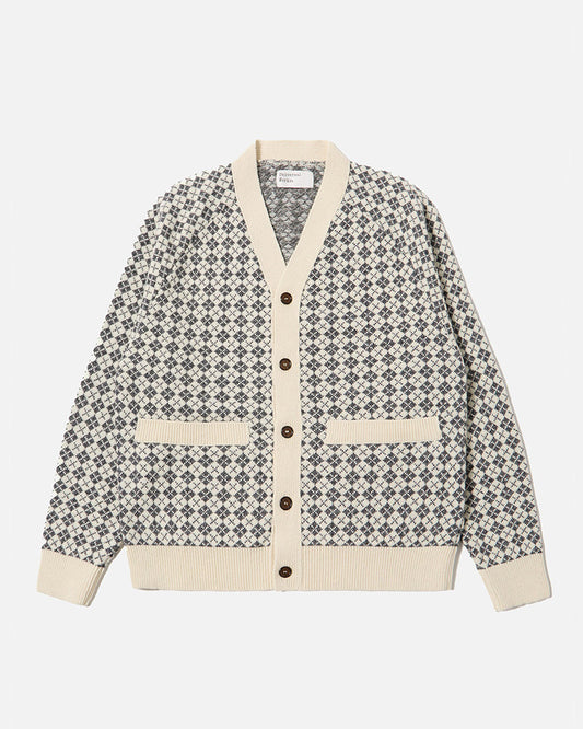 Universal Works Allan Cardigan Plain Knit Argyll Ecru/Grey