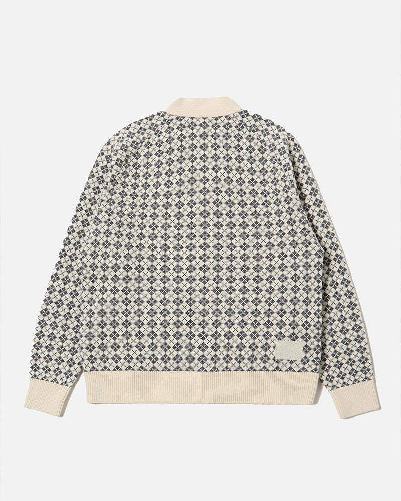 Universal Works Allan Cardigan Plain Knit Argyll Ecru/Grey