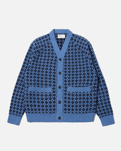 Universal Works Allan Cardigan Plain Knit Argyll Pale Blue/Navy