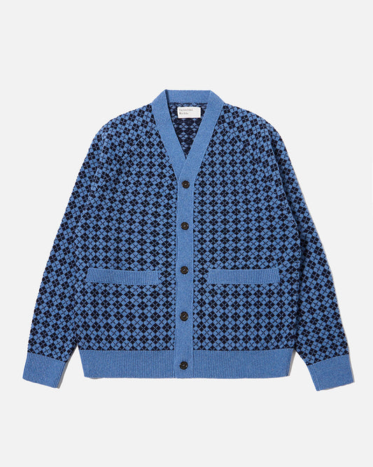 Universal Works Allan Cardigan Plain Knit Argyll Pale Blue/Navy