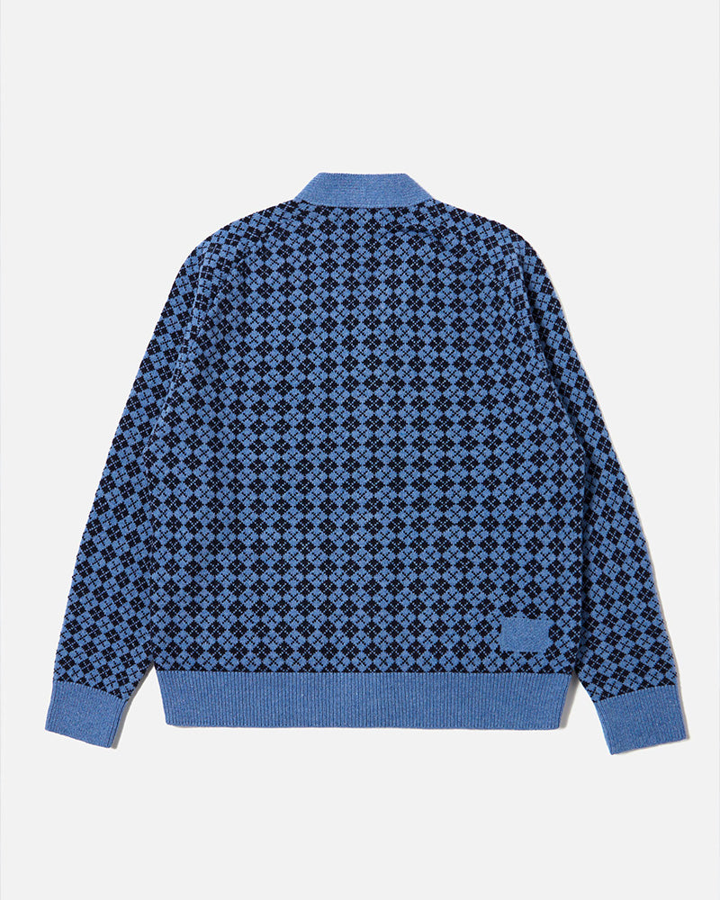 Universal Works Allan Cardigan Plain Knit Argyll Pale Blue/Navy