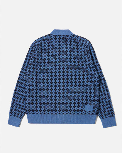 Universal Works Allan Cardigan Plain Knit Argyll Pale Blue/Navy