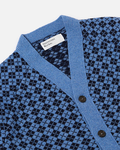 Universal Works Allan Cardigan Plain Knit Argyll Pale Blue/Navy